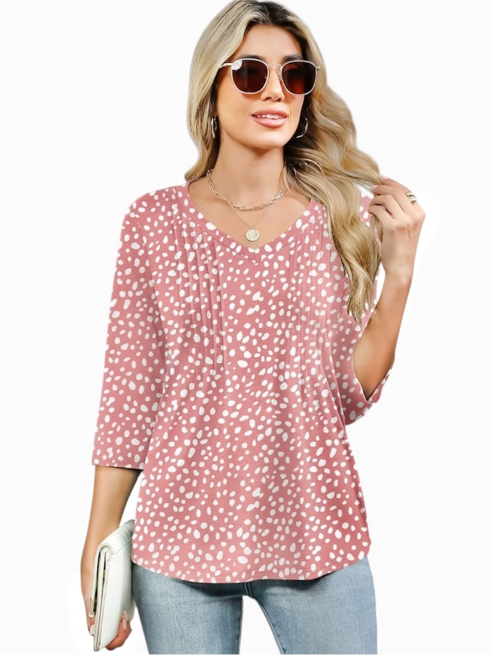 Romanstii Pintuck V-Neck Top Pink Polka Dot NWT